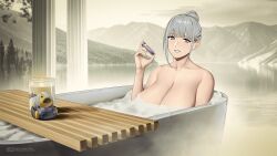 1girl bathtub blush breasts cleavage collarbone girls&#039;_frontline glass grey_eyes grey_hair hair_bun highres holding holding_test_tube huge_breasts j_adsen looking_at_viewer mature_female mixed-language_commentary mountain multilingual_commentary outdoors partially_submerged river rpk-16_(girls&#039;_frontline) single_hair_bun smile soap test_tube textless_version water