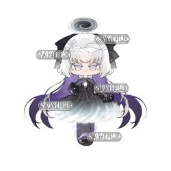 1girl black_bodysuit black_bow black_dress black_gloves black_hole black_shoes bodysuit bodysuit_under_clothes bow character_request chibi circlet clenched_hand cloud colored_eyelashes colored_inner_hair commentary_request dress eeeestella expressionless gloves grey_eyes hair_bow highres long_hair mary_janes medium_dress multicolored_hair nikki_(series) no_mouth purple_hair sample_watermark shining_nikki shoes simple_background solo standing straight-on strapless strapless_dress tsurime very_long_hair watermark white_background white_hair
