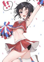 Rule 34 | 1girl, ;d, absurdres, aburi-gatana, antenna hair, arm up, armpits, black hair, black panties, black sports bra, breasts, cheerleader, confetti, cropped shirt, highres, idolmaster, idolmaster (classic), kikuchi makoto, looking at viewer, miniskirt, musical note, navel, one eye closed, open mouth, panties, pleated skirt, pom pom (cheerleading), shirt, short hair, simple background, skirt, sleeveless, sleeveless shirt, small breasts, smile, solo, spoken musical note, sports bra, standing, standing on one leg, sweat, underwear, white background