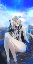1girl absurdres bare_legs bare_shoulders black_collar black_dress blonde_hair blue_hair breasts closed_mouth collar colored_inner_hair commentary crown_of_thorns dress earrings fleurdelys_(wuthering_waves) floating_earrings highres holding holding_sword holding_weapon jewelry knees_up large_breasts legs leo795 long_hair multicolored_hair necklace parted_bangs pointy_ears sitting solo sword tacet_mark_(wuthering_waves) thighs very_long_hair water weapon wuthering_waves