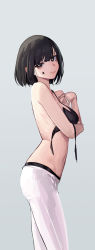 1girl absurdres arm_under_breasts black_bra black_hair black_panties blunt_bangs bob_cut bra breasts brown_eyes commentary facial_mark from_side grey_background hand_on_own_chest hand_up highres looking_at_viewer looking_to_the_side mac_star no_shirt open_bra original panties short_hair simple_background solo standing star_(symbol) star_facial_mark underwear white_panties