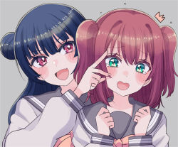 Rule 34 | 2girls, aqua eyes, blue hair, blush, commentary request, cream (nipakupa), embarrassed, fang, grey background, grey sailor collar, hair bun, kurosawa ruby, long hair, long sleeves, looking at another, love live!, love live! sunshine!!, medium hair, multiple girls, neck ribbon, open mouth, red eyes, red hair, ribbon, sailor collar, school uniform, single hair bun, smile, tsushima yoshiko, twintails, uranohoshi school uniform, yellow ribbon
