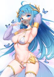 1girl :d absurdres ahoge arm_up blue_eyes blue_hair breasts bridal_gauntlets bug butterfly circlet dancer detached_sleeves fang highres indie_virtual_youtuber insect long_hair looking_at_viewer medium_breasts merak_(vtuber) mouth_veil navel open_mouth see-through_clothes see-through_bridal_gauntlets see-through_sleeves skin_fang smile solo thighhighs treble_clef veil virtual_youtuber waist_cape white_clover_(unfy8472)