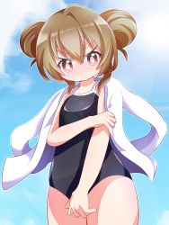 1girl absurdres aisaka_taiga beenyan_1203 black_one-piece_swimsuit blue_sky brown_hair check_commentary commentary_request cowboy_shot day double_bun hair_between_eyes hair_bun highres jacket jacket_on_shoulders looking_at_viewer one-piece_swimsuit red_eyes sky solo swimsuit toradora!