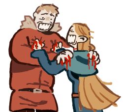 ._. 1boy 1girl bleeding blonde_hair blood blue_robe clenched_teeth commentary dungeon_meshi english_commentary eye_contact hood hood_down jacket long_hair long_sleeves looking_at_another marcille_donato meme red_jacket robe scowl short_hair shoulder_grab simple_background stick_figure_violence_(meme) teeth white_background wombrion