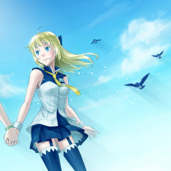 10s 1boy 1girl bird blonde_hair blue_eyes bow cloud colored_eyelashes day eureka_seven_(series) eureka_seven_ao fleur_blanc fukai_ao hair_bow long_hair mike_(mee627mee) sky thighhighs uniform