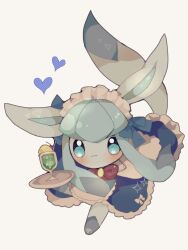 Rule 34 | animal focus, blue eyes, blush, clothed pokemon, commentary request, gen 4 pokemon, glaceon, glaceon (tea party), heart, highres, nintendo, no humans, ovoip, plate, pokemon, pokemon (creature), pokemon focus, pokemon unite, simple background, smile, solo, twitter username