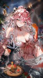 1girl absurdres bare_shoulders black_bow blurry blurry_background blush body_markings bow braid breasts changli_(laurel_nymph)_(wuthering_waves) changli_(wuthering_waves) cleavage closed_mouth collarbone colored_extremities commentary_request cup dress fingernails hair_between_eyes hair_bow hair_extensions hand_up highres holding holding_cup jewelry large_breasts long_hair multicolored_hair nail_polish night official_alternate_costume onsen partially_submerged pink_hair red_dress red_hands red_nails ring_hair_extensions smile soare_lucien solo tacet_mark_(wuthering_waves) thighlet thighs twin_braids two-tone_hair white_hair wuthering_waves yellow_eyes