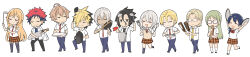 4girls 6+boys black_thighhighs bottle braid brown_skirt chibi collared_shirt cooking_pot eizan_etsuya fork glasses hayama_akira highres holding holding_fork holding_knife holding_spoon holding_utensil isshiki_satoshi kinokuni_nene knife kuga_terunori kurokiba_ryou long_hair long_image multiple_boys multiple_girls nakiri_alice nakiri_erina necktie orange_necktie oversized_object pants plaid_clothes plaid_skirt red_eyes shirt shokugeki_no_souma short_hair skirt smile socks spoon striped_necktie tadokoro_megumi takumi_aldini thighhighs tootsuki_saryou_ryouri_gakuen_uniform toy-black white_shirt wide_image yukihira_souma