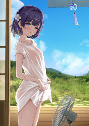 1girl absurdres blue_eyes blush breasts flower gakuen_idolmaster hair_flower hair_ornament hataya_misuzu highres idolmaster indoors looking_at_viewer medium_breasts oversized_clothes oversized_shirt purple_hair shirt short_sleeves shouji sliding_doors solo sulgi_park sweat white_shirt wind_chime wooden_floor