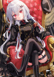 1girl absurdres ahoge aiguillette armband artist_name belt black_belt black_boots black_coat black_gloves black_hat black_jacket black_shirt black_skirt black_thighhighs blush boots buttons closed_mouth coat commentary_request crossed_bangs crossed_legs crown_hair_ornament double-breasted gloves grey_hair hair_between_eyes hat highres jacket lace-up_boots long_hair long_sleeves looking_at_viewer mashilon military_uniform miniskirt necktie red_armband red_eyes red_necktie ryogoku_tsukasa shirt sidelocks sitting sitting_on_throne skirt smile solo specialite_(company) thigh_strap thighhighs throne unworn_coat unworn_hat unworn_headwear virtual_youtuber