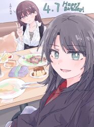 2girls absurdres bang_dream! bang_dream!_it&#039;s_mygo!!!!! black_hair black_jacket blue_eyes blush brown_hair chinese_commentary closed_mouth commentary_request food grey_shirt happy_birthday highres jacket keyun lifting_own_clothes long_hair mole mole_under_eye multiple_girls open_mouth red_shirt shiina_taki shirt sidelocks translation_request very_long_hair white_jacket yahata_umiri
