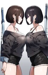 2girls absurdres bare_shoulders black_hair black_jacket black_shirt black_shorts breasts brown_hair commentary_request commission cowboy_shot cutoffs denim denim_shorts frown highres jacket korean_commentary large_breasts looking_at_another mr_tangsuyuk multiple_girls off-shoulder_jacket off_shoulder original profile purple_eyes shirt short_hair shorts simple_background sleeveless sleeveless_shirt smile standing thighs undershirt weapon weapon_on_back white_background white_shirt