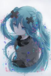 Rule 34 | 1girl, aqua eyes, aqua hair, batsu miku, closed mouth, grey jacket, hair between eyes, hair ornament, hatsune miku, highres, jacket, kowareta sekai to utaenai miku, long hair, long sleeves, project sekai, segirirein, simple background, solo, turtleneck, turtleneck jacket, twintails, very long hair, vocaloid, x hair ornament