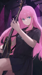 1girl absurdres black_shirt black_skirt blue_eyes blurry blurry_background bocchi_the_rock! choppy_bangs commentary concentrating concert cowboy_shot depth_of_field electric_guitar fingernails gotoh_hitori guitar hair_between_eyes hair_over_shoulder highres holding holding_guitar holding_instrument holding_plectrum indoors instrument jianjia knee_up long_hair long_sidelocks looking_at_viewer music parted_lips pink_hair playing_guitar playing_instrument pleated_skirt plectrum print_shirt shirt short_sleeves sidelocks skirt solo stage_lights standing straight_hair t-shirt v-shaped_eyebrows very_long_hair