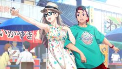 Rule 34 | 1boy, 1girl, arm hug, armpits, beret, black-framed eyewear, blue eyes, blurry, blurry background, collarbone, dress, fedora, fukuda tomonori, game cg, glasses, grey hair, hair between eyes, hat, highres, long hair, looking at another, looking to the side, official art, open mouth, outstretched arm, pants, plaid clothes, plaid pants, pointing, pulling arm, red eyes, red hair, red pants, robotics;notes, robotics;notes dash, shiny eyes, shirt, short hair, smile, sundress, sunlight, swept bangs, t-shirt, teeth, tongue, upper teeth only, watch, white dress, white hat, white shirt, wristwatch, yashio kaito, yukifune airi