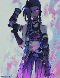 1girl arcane:_league_of_legends arcane_jinx artist_name braided_twintails closed_mouth commentary cowboy_shot elbow_gloves fingerless_gloves gloves gun halterneck highres holding holding_gun holding_weapon jinx_(league_of_legends) league_of_legends looking_at_viewer pants purple_eyes scar scar_on_stomach single_sidelock smile striped_clothes striped_pants vertical-striped_clothes vertical-striped_pants vicki_tsai weapon