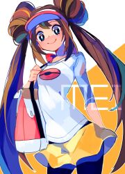 Rule 34 | 1girl, bag, black eyes, brown hair, double bun, hair bun, highres, nintendo, pantyhose, pokemon, pokemon bw2, rosa (pokemon), shirt, shoulder bag, smile, twintails, white shirt, yasubaru, yellow background, yellow shirt
