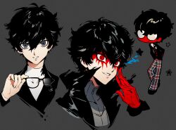 1boy amamiya_ren bishounen black_hair black_jacket blazer blood blood_on_face blue_fire chibi close-up cropped_torso dual_persona eyelashes fire glasses gloves grin hand_to_head hands_in_pockets highres holding holding_removed_eyewear jacket joker_(persona_5) looking_at_viewer male_focus multiple_views pants parted_lips persona persona_5 plaid_clothes plaid_pants popped_collar red_eyes red_gloves ringed_eyes school_uniform short_hair shuujin_academy_school_uniform smile star_(symbol) themoonrabbit unworn_eyewear
