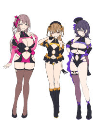 3girls asaba_ibuki_(satou_kuuki) beret black_footwear black_gloves black_hat blue_eyes boots bow breasts brown_eyes brown_hair brown_thighhighs cleavage clothing_cutout commentary_request concept_art ear_piercing earrings gloves grin hair_bow hair_ribbon half_gloves hand_on_own_hip hand_up hat heart heart_earrings heart_o-ring highres idol jewelry kurozuka_alisa_(satou_kuuki) large_breasts light_blush long_hair looking_at_viewer mini_hat mole mole_under_eye multiple_girls nail_polish navel navel_cutout navel_piercing o-ring one_side_up orange_bow original panties piercing pink_ribbon purple_eyes purple_hair purple_ribbon red_nails ribbon ring satou_kuuki shirosaki_koharu_(satou_kuuki) simple_background single_thighhigh small_breasts smile thighhighs two_side_up underboob underwear very_long_hair white_background
