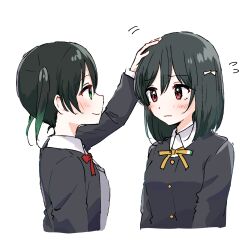 Rule 34 | 2girls, black hair, blush, closed mouth, collared shirt, commentary request, embarrassed, flying sweatdrops, gradient hair, green eyes, green hair, hand on another&#039;s head, headpat, jacket, love live!, love live! nijigasaki high school idol club, mifune shioriko, multicolored hair, multiple girls, neck ribbon, nijigasaki school uniform, red eyes, ribbon, school uniform, shirt, short hair, simple background, smile, takasaki yu, twintails, watanabe nako, white background