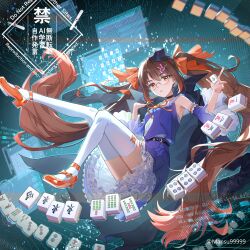 Rule 34 | 1girl, bare shoulders, black hat, blue shirt, blue skirt, blue sleeves, bow, brown hair, center frills, commentary request, copyright request, detached sleeves, frilled skirt, frills, hair between eyes, hair bow, hat, high heels, highres, knees together feet apart, long hair, long sleeves, mahjong, mahjong tile, mansu, mini hat, official art, orange bow, orange shoes, pleated skirt, red eyes, ribbon-trimmed sleeves, ribbon trim, shirt, shoes, skirt, sleeveless, sleeveless shirt, solo, thighhighs, tilted headwear, twintails, twitter username, very long hair, watermark, white shirt, white thighhighs, wide sleeves