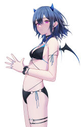 1girl absurdres alternate_costume bat_wings bikini black_bikini black_choker blue_hair blue_horns bracelet choker cowboy_shot double-parted_bangs floating_hair front-tie_bikini_top front-tie_top hair_between_eyes heart heart_o-ring highres horns ichinose_uruha jewelry ji-rex lupinus_virtual_games medium_hair multiple_rings o-ring o-ring_bikini o-ring_thigh_strap parted_lips pink_eyes ring simple_background small_horns solo steepled_fingers swimsuit thigh_strap virtual_youtuber vspo! white_background wings