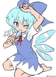 1girl barefoot blue_bow blue_dress blue_eyes blue_hair blue_nails bow cirno cirno_day dated dress eating food hair_bow hashtag-only_commentary ice ice_wings melting nail_polish neck_ribbon one_eye_closed popsicle ramudia_(lamyun) ribbon short_hair short_sleeves signature simple_background sitting sketch solo sweat touhou twitter_username wariza white_background wings