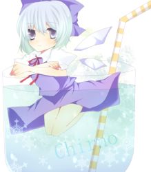 Rule 34 | blue hair, cirno, cup, drinking straw, hair ribbon, in container, in cup, mini person, minigirl, nayuta (artist), nayuta (scarlet-noize), ribbon, snowflakes, solo, touhou, wings