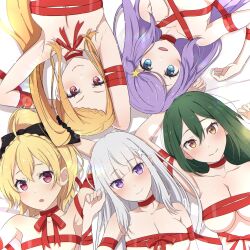 5girls absurdres anastasia_hoshin armpits bare_shoulders black_ribbon blonde_hair blush breasts christmas cleavage collarbone crusch_karsten elf emilia_(re:zero) felt_(re:zero) gift gift_wrapping green_hair hair_between_eyes hair_ornament hair_ribbon highres large_breasts long_hair multiple_girls na-suke open_mouth pointy_ears priscilla_barielle purple_eyes purple_hair re:zero_kara_hajimeru_isekai_seikatsu red_eyes ribbon side_ponytail small_breasts smile star_(symbol) star_hair_ornament underboob white_hair wrapped_up x_hair_ornament