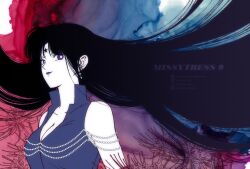 Rule 34 | 1girl, aged up, bishoujo senshi sailor moon, black hair, breasts, cleavage, collarbone, earrings, facial mark, forehead mark, gem, highres, jewelry, koya, long hair, looking at viewer, mistress 9, pearl (gemstone), purple eyes, smile, solo, tomoe hotaru, very long hair