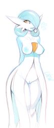 Rule 34 | 1girl, alternate color, arms behind back, bad id, bad tumblr id, blue hair, blue nipples, bob cut, breasts, cleft of venus, colored nipples, dress, gardevoir, gen 3 pokemon, heart, highres, nintendo, nipples, orange eyes, pokemon, pokemon (creature), pussy, shiny pokemon, signature, urw, white dress