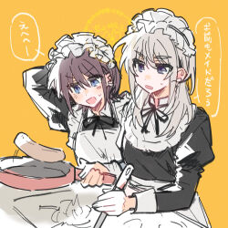 2girls apron black_dress black_ribbon brown_hair commentary cooking dress girls_band_cry grey_eyes grey_hair highres iseri_nina juliet_sleeves kawaragi_momoka long_hair long_sleeves low_twintails maid maid_headdress multiple_girls neck_ribbon open_mouth pingke_box puffy_sleeves ribbon short_hair short_twintails sweatdrop translation_request twintails white_apron yellow_background