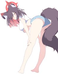 1girl absurdres alternate_costume alternate_hair_length alternate_hairstyle animal_ear_fluff animal_ears ass austsue bare_legs barefoot bent_over black_hair black_nails blue_archive blue_shorts blush breasts colored_inner_hair cropped_shirt denim denim_shorts feet fingernails fox_ears fox_girl fox_tail full_body halo highres large_breasts legs looking_at_viewer micro_shorts multicolored_hair nail_polish red_hair red_halo shirt short_hair short_shorts short_sleeves shorts simple_background smile soles solo standing tail thighs toes underboob wakamo_(blue_archive) white_background white_shirt yellow_eyes
