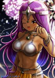 1girl aerial_fireworks bangle blurry blurry_background bracelet breasts brown_eyes circlet cleavage collarbone commentary dancer dancer&#039;s_costume_(dq) dark-skinned_female dark_skin dragon_quest dragon_quest_iv fireworks gem green_gemstone harem_outfit highres jewelry large_breasts light_blush long_hair looking_at_viewer manya_(dq4) moyapippi navel neck_ring one_eye_closed open_mouth pelvic_curtain purple_hair solo stomach twitter_username