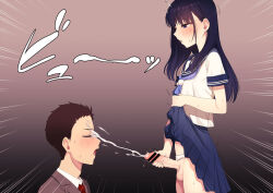 Rule 34 | 2boys, bar censor, blue neckerchief, blue sailor collar, blue skirt, blush, censored, clothes lift, clothing aside, crossdressing, cum, cum on body, ejaculation, emphasis lines, erection, facial, gradient background, hokuro ryuuseigun, josou seme, lifting own clothes, long hair, male focus, male masturbation, masturbation, multiple boys, neckerchief, open mouth, original, panties, panties aside, penis, pleated skirt, projectile cum, purple eyes, purple hair, sailor collar, school uniform, serafuku, shirt, skirt, skirt lift, sweat, testicles, trap, underwear, white panties, white shirt, yaoi