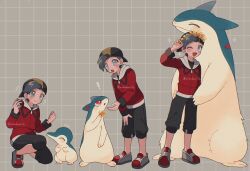 Rule 34 | !, + +, 1boy, :o, ;d, backwards hat, baseball cap, black eyes, black hair, black pants, blush, blush stickers, bright pupils, clenched hand, closed eyes, closed mouth, cyndaquil, ethan (pokemon), evolutionary line, gen 2 pokemon, grey background, grid background, hands on another&#039;s waist, hat, head wreath, highres, holding, holding leaf, holding poke ball, hood, hood down, hoodie, kneeling, leaf, long sleeves, mikakami1e, nintendo, one eye closed, open mouth, pants, poke ball, poke ball (basic), pokemon, pokemon (creature), pokemon hgss, progression, quilava, red eyes, red hoodie, red shoes, shiny leaf (pokemon), shiny leaf crown (pokemon), shoes, short hair, smile, sparkle, standing, twitter username, typhlosion, white pupils