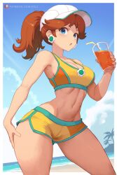 1girl beach blue_eyes blue_sky breasts brown_hair cleavage cloud cup day drink drinking_straw flower hat highres holding holding_cup looking_at_viewer mario_(series) mario_kart mario_kart_world medium_breasts midriff navel nintendo ocean open_mouth orange_shorts outdoors patreon_logo patreon_username ponytail princess_daisy short_hair shorts sky solo summer white_hat zelc-face
