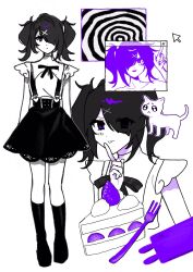 Rule 34 | 1girl, 1other, ame-chan (needy girl overdose), black eyes, black hair, black socks, cake, cake slice, cat, collarbone, cursor, diagonal bangs, doodle inset, finger to mouth, food, fork, full body, grin, hair ornament, hair over one eye, highres, limited palette, looking at viewer, multiple monochrome, multiple views, neck ribbon, needy girl overdose, phone, pien cat (needy girl overdose), pointing, purple hair, ribbon, short twintails, shushing, skirt, smile, socks, solo, spiral, strawberry cake, suspender skirt, suspenders, twintails, white background, window (computing), winged sleeves, x hair ornament, yumeno (yume0601)