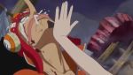 1girl animated crown donquixote_pirates dress facial_hair fire goatee hood hoodie lowres multiple_boys one_piece polka_dot polka_dot_dress sandals scared screaming snot sound sugar_(one_piece) surprised tagme tears tongue trebol_(one_piece) usopp video