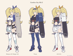 0_0 1girl alternate_color armband belt black_shirt black_skirt blonde_hair blue_thighhighs breast_pocket breasts reference_sheet collared_shirt flight_deck full_body gambier_bay_(kancolle) gambier_bay_mk_ii_(kancolle) gundam hair_ribbon hairband highres jacket kantai_collection large_breasts multicolored_clothes nakaaki_masashi open_clothes open_jacket parody pocket ribbon shirt skirt thighhighs twintails two-tone_skirt variations white_shirt white_thighhighs yellow_background zeta_gundam
