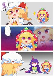 Rule 34 | ..., 1other, 3girls, american flag, american flag dress, american flag legwear, american flag pants, american flag print, american flag shirt, ascot, blonde hair, chupacabra, clownpiece, crystal, crystal wings, dress, fang, fang out, flag print, flandre scarlet, green shirt, green shorts, hat, hat ribbon, highres, horns, jester cap, lizard tail, long hair, long tail, mob cap, money bag, multiple girls, neck ruff, one side up, open mouth, pants, pantyhose, pointy ears, polka dot, polka dot headwear, print pants, print shirt, puffy short sleeves, puffy sleeves, purple hair, purple horns, purple tail, ranka (tonbo), red eyes, red vest, ribbon, shirt, short hair, short sleeves, shorts, side ponytail, single horn, spoken character, star (symbol), star print, striped clothes, striped dress, striped pantyhose, tail, tenkajin chiyari, touhou, tupai (touhou), very long hair, vest, white hat, wings, yellow ascot, yen sign