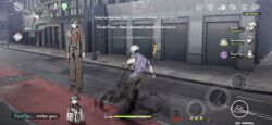 3boys bag black_pants black_sclera blue_eyes brown_shoes building click_(reverse:1999) coat colored_sclera english_text fake_screenshot floating full_body gameplay_mechanics grey_hair grey_jacket grey_pants health_bar heterochromia hnt_(1177tr1999) jacket male_focus minimap mismatched_sclera motion_blur multiple_boys pants pavia_(reverse:1999) purple_shirt reverse:1999 road shirt shoes short_hair short_sleeves shoulder_bag street user_interface white_coat white_hair x_(reverse:1999) yellow_eyes zima_(reverse:1999)