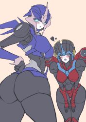 2girls absurdres arcee arcee_(prime) ass autobot blue_eyes blush breasts colored_sclera embarrassed facial_mark frown hand_on_own_hip heart helmet highres humanoid_robot konro_yoyogei large_breasts looking_at_viewer mecha mechanical_wings medium_breasts metal_skin multiple_girls no_humans open_mouth robot robot_girl science_fiction simple_background thighs transformers transformers_prime twisted_torso v_arms windblade wings