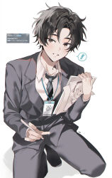 ! 1boy absurdres black_eyes black_hair blue_archive blue_archive_the_animation coat collared_shirt commentary doodle_sensei_(blue_archive) formal_clothes grey_coat grey_necktie grey_pants grey_suit haze_(ohw8g) highres holding holding_paper holding_pen long_sleeves looking_at_viewer male_focus necktie pants paper pen sensei_(blue_archive) sensei_(blue_archive_the_animation) shirt simple_background smile solo spoken_exclamation_mark squatting suit white_background white_shirt