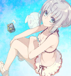 1girl add_(fate) bare_shoulders bikini breasts cleavage cube fate/grand_order fate_(series) frills gray_(fate) green_eyes grey_hair highres long_hair looking_at_viewer lord_el-melloi_ii_case_files medium_breasts saipaco sandals sidelocks smile swimsuit white_bikini