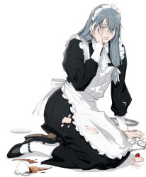 1boy alternate_costume apron blue_eyes blue_hair clumsy cream dress enmaided food frilled_apron frilled_dress frills fruit full_body glasses hand_on_own_face heterochromia highres jujutsu_kaisen long_hair low-tied_long_hair mahito_(jujutsu_kaisen) maid maid_apron maid_headdress male_focus nonockha on_floor rectangular_eyewear simple_background solo spill stitched_arm stitched_face stitched_neck stitches strawberry tray unworn_eyewear white_background yellow_eyes