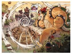 5boys anger_vein border bowser bush castle clenched_hands collar corporal_paraplonk dragon_horns highres horns mario_&amp;_luigi:_bowser&#039;s_inside_story mario_&amp;_luigi_rpg mario_(series) midbus multiple_boys muscular muscular_male ngmanhho nintendo orange_hair private_goomp punching sergeant_guy spiked_collar spikes white_border wind