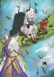 2girls arknights black_horns black_sports_bra blonde_hair blue_hair blue_horns bucket chinese_commentary closed_eyes cloud commentary_request day demon_horns digging dorodango from_behind full_body hair_ornament hair_stick highres holding holding_shovel horns kuramidomoyasi long_hair looking_at_another material_growth midriff mud mudrock_(arknights) multiple_girls oripathy_lesion_(arknights) outdoors pants pointy_ears rake reflection rice rice_paddy sarashi shovel shu_(arknights) signature smile split_mouth sports_bra squatting upper_body water white_hair white_horns white_pants yellow_horns