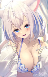 Rule 34 | 1girl, animal ears, bare shoulders, blue eyes, blue hair, blue nails, blush, bra, breasts, cat ears, cat girl, cat tail, chita (ketchup), cleavage, collared shirt, commentary request, dress shirt, grey hair, hair between eyes, head tilt, highres, large breasts, long sleeves, mole, mole on breast, nail polish, navel, open clothes, open mouth, open shirt, original, puffy long sleeves, puffy sleeves, shirt, signature, sleeves past wrists, solo, tail, underwear, upper body, white bra, white shirt